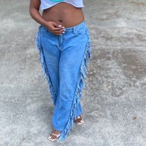 Denim Frill/Tassle Wide-Leg Pants
